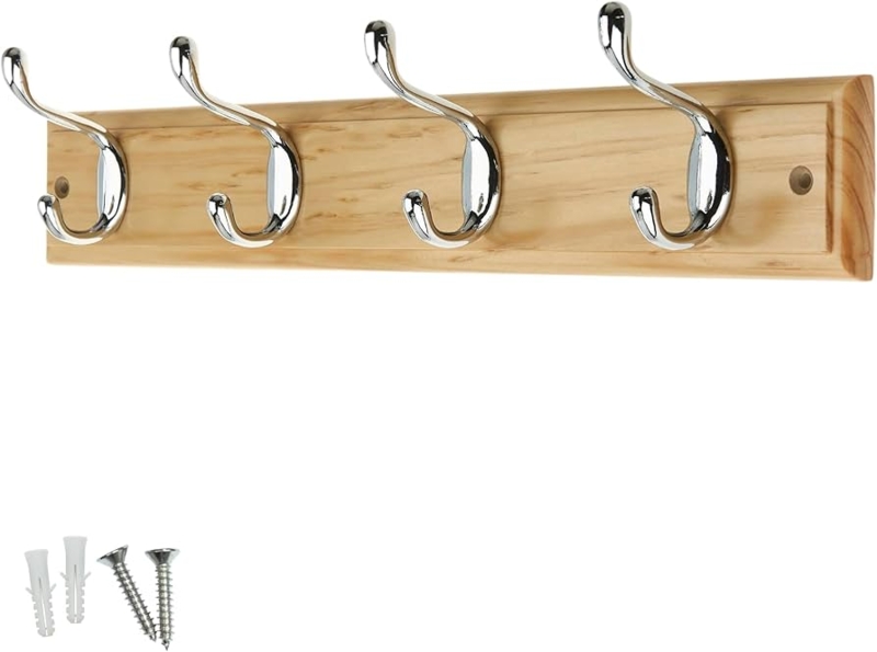 Wall Mounted Coat Rack Light Wood Tone Polished Chrome Dual Hooks