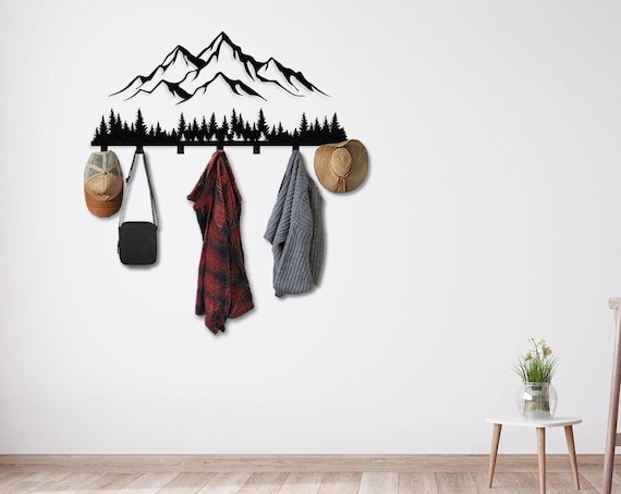 Wall Mounted Coat Rack Matte Black Finish Forest Silhouette Metal