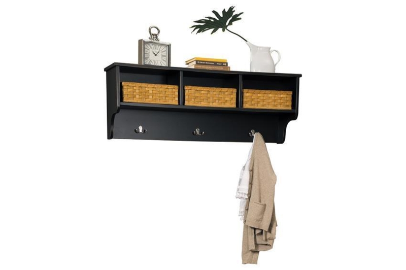 Wall Mounted Coat Rack Matte Black Finish Integrated Woven Baskets Farmhouse