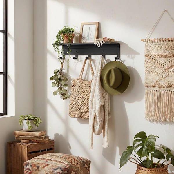 Wall Mounted Coat Rack Matte Black Metal Integrated Shelf Boho Chic