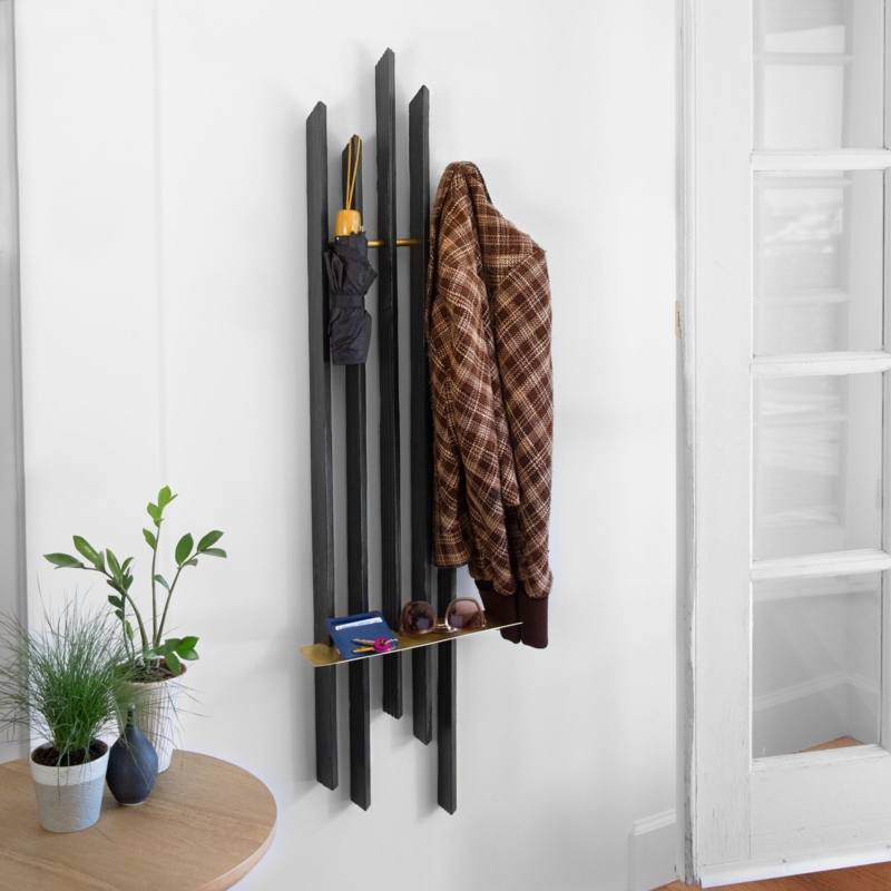 Wall Mounted Coat Rack Matte Black Slats Gold Shelf Asymmetric
