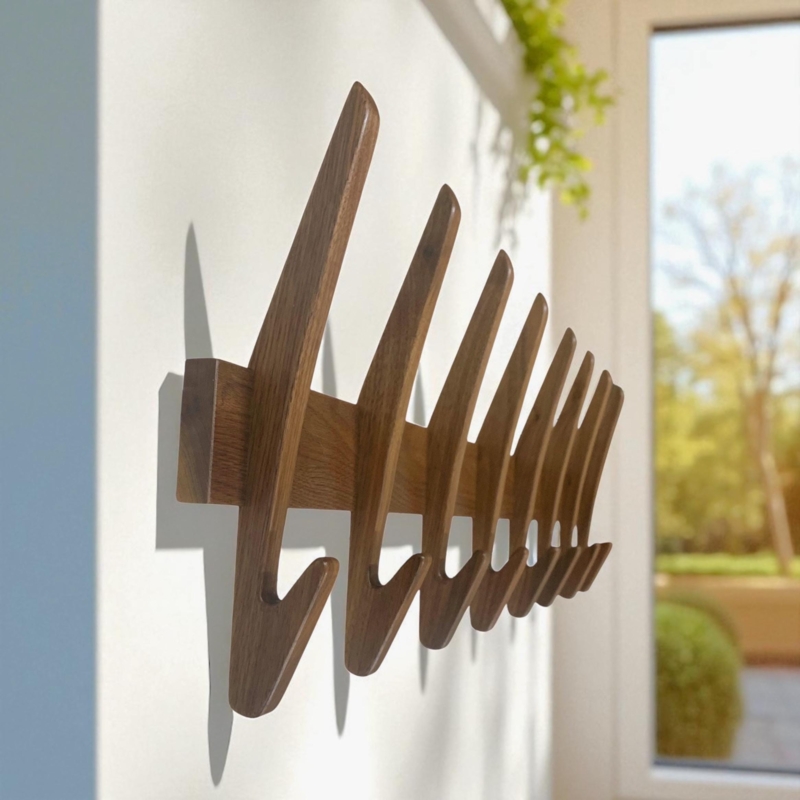 Wall Mounted Coat Rack Medium Brown Wood Angled Slats Dual Hooks