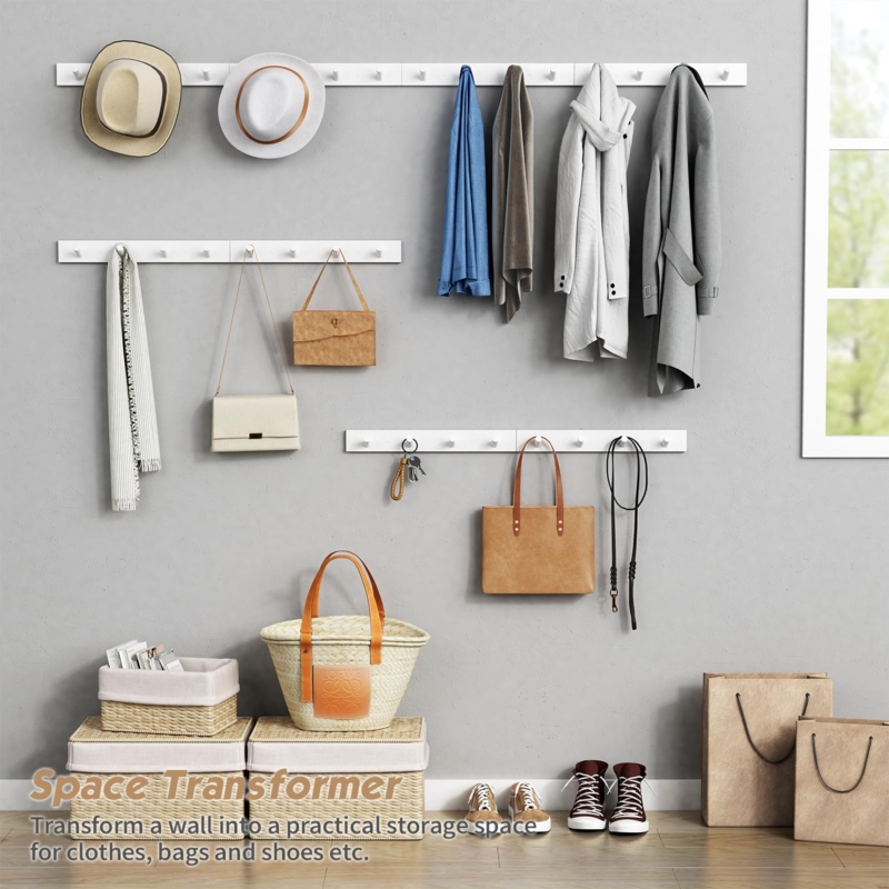 Wall Mounted Coat Rack, Modular Design, Peg Hooks, Staggered Layout