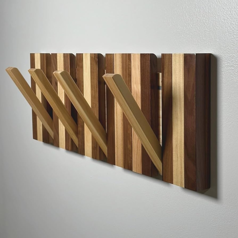 Wall Mounted Coat Rack Multi Tone Wood Slatted Retractable Hooks
