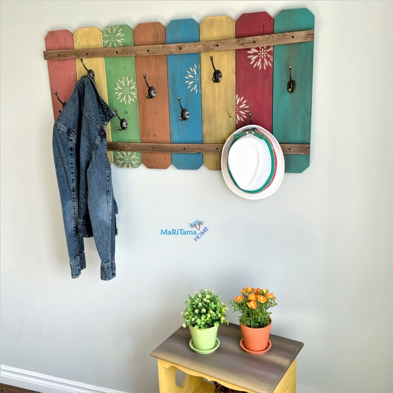 Wall Mounted Coat Rack Multicolored Planks Floral Stencils Boho