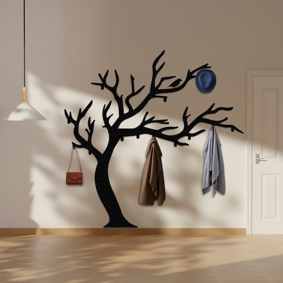 Wall Mounted Coat Rack, Nature-Inspired Tree Silhouette, Matte Black.