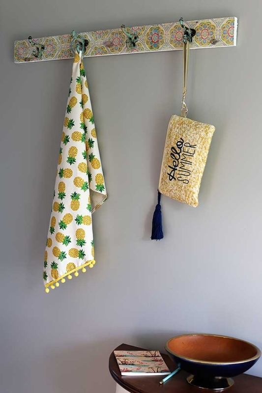 Wall Mounted Coat Rack Patterned Backing Pineapple Print Boho