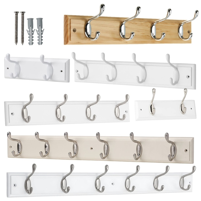 Wall Mounted Coat Rack, Polished Chrome Double Prong Hooks, White Rail.