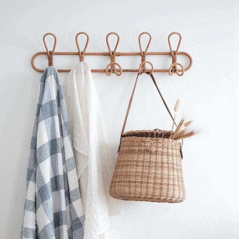 Wall Mounted Coat Rack Rattan Cane Woven Material Looped Hooks Boho
