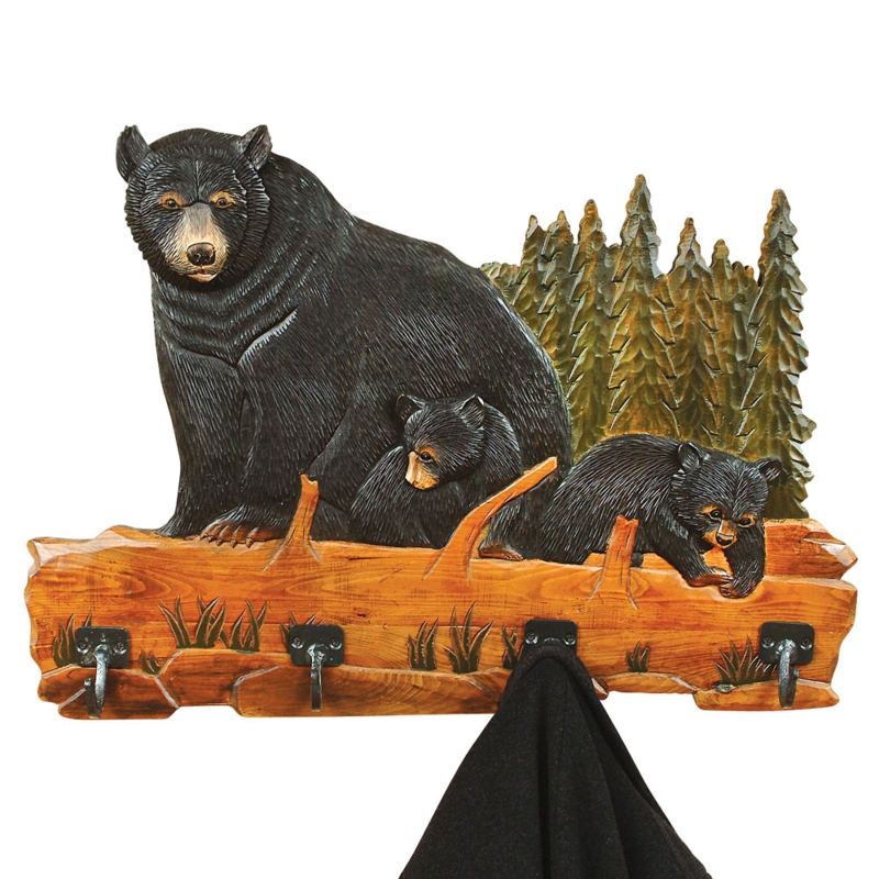 Wall Mounted Coat Rack Rustic Bear Family Carving Log Base Design