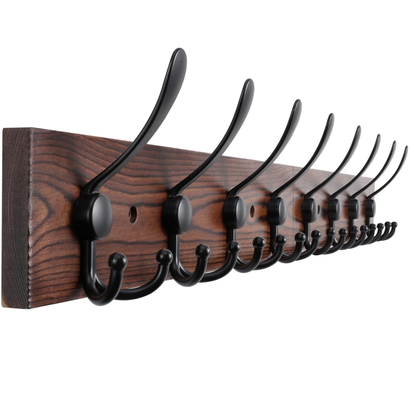 Wall Mounted Coat Rack Rustic Wood Triple Hooks Black Metal