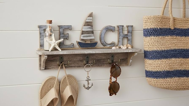 Wall Mounted Coat Rack, Sailboat Motif, Beach Lettering, Nautical Styling.
