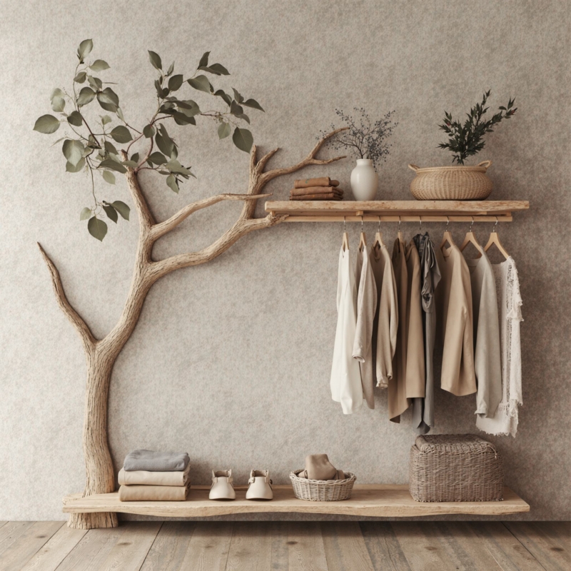 Wall Mounted Coat Rack, Sculptural Tree Branch Design, Bark Texture.