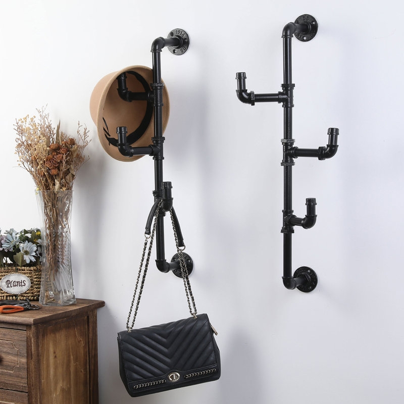 Wall Mounted Coat Rack Set of Two Black Industrial Pipe Design