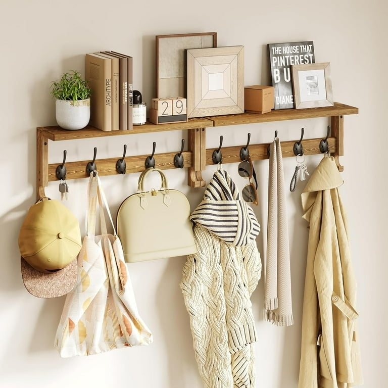 Wall Mounted Coat Rack Shelf, Black Double Prongs, Bracket Supports.