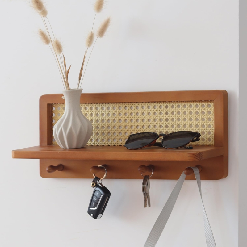 Wall Mounted Coat Rack Shelf, Bohemian Rattan Cane Webbing Back Panel.