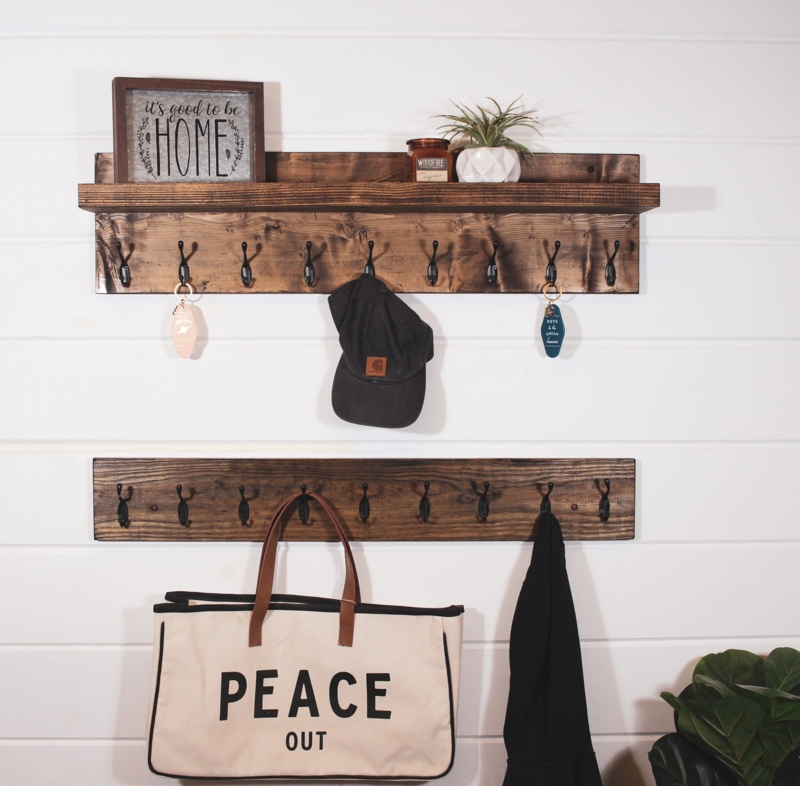 Wall Mounted Coat Rack Shiplap Backdrop Dark Wood Rustic Style