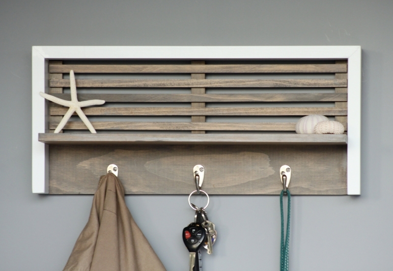 Wall Mounted Coat Rack, Slatted Back, Narrow Display Shelf, Two Tone Finish.