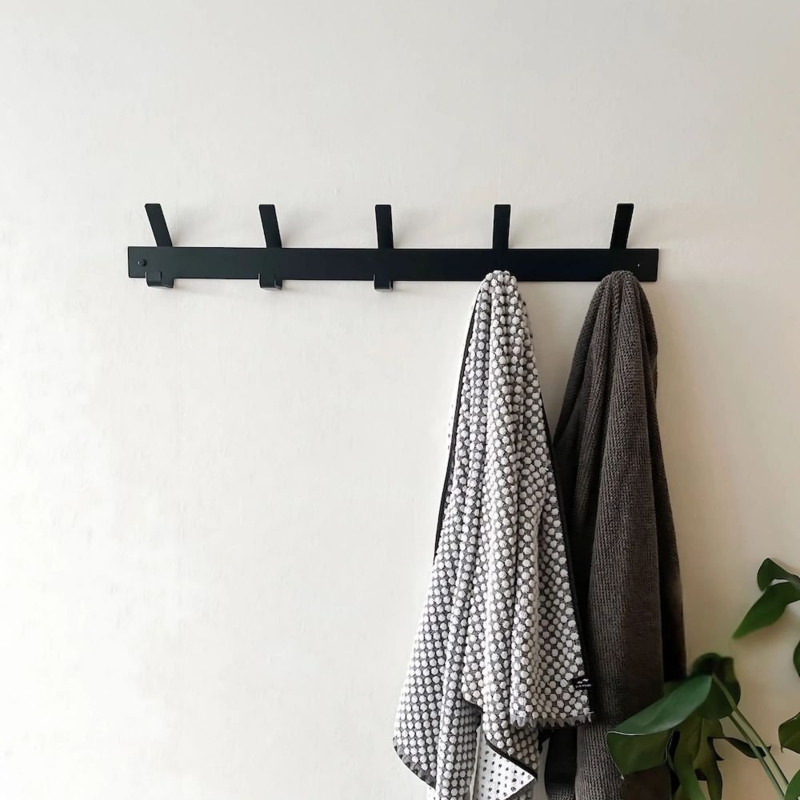 Wall Mounted Coat Rack, Slim Profile Matte Black Metal, Double Hooks.