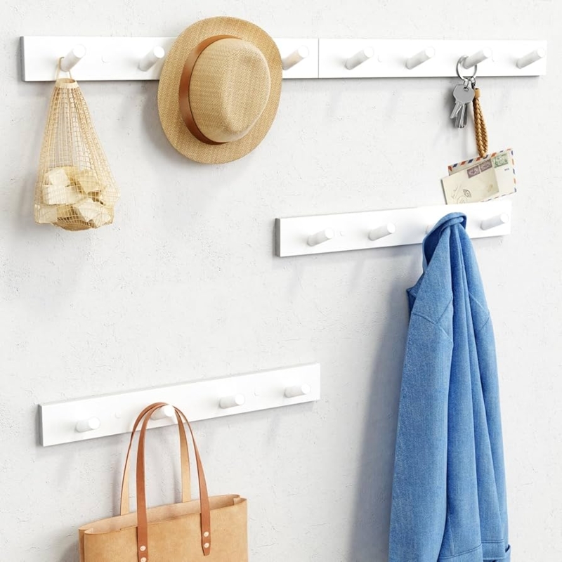 Wall Mounted Coat Rack, Staggered Peg Hooks, Matte White Inclined Pegs