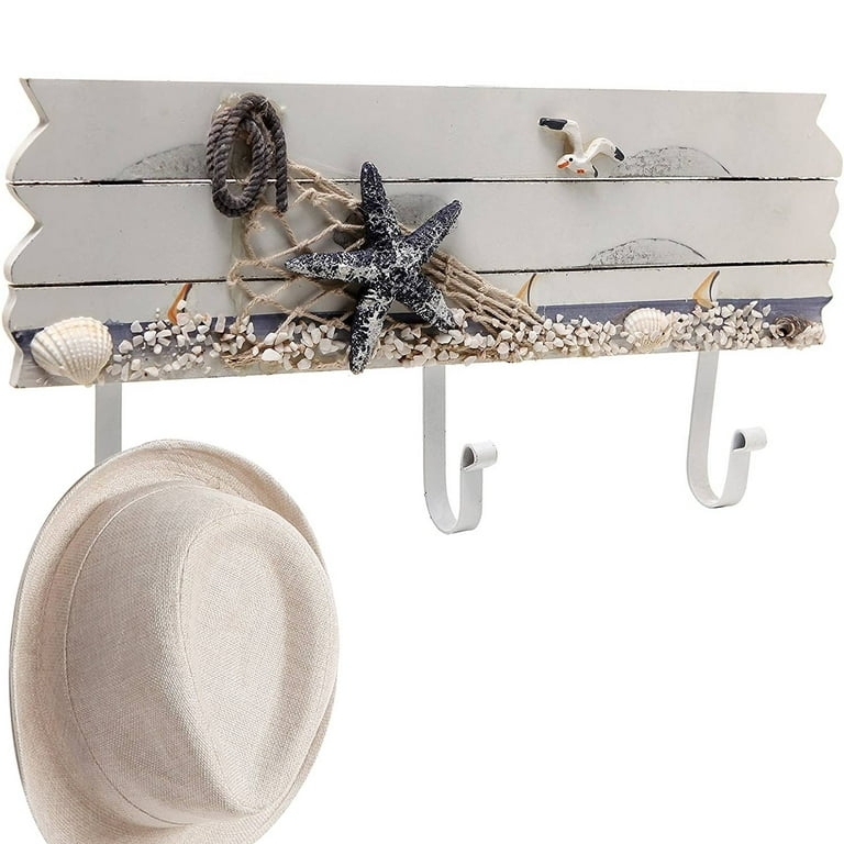 Wall Mounted Coat Rack, Starfish Accent, Whitewashed Shabby Chic, Fishing Net Detail.