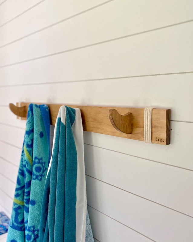 Wall Mounted Coat Rack Surfboard Fin Hooks Rope Detail Wood