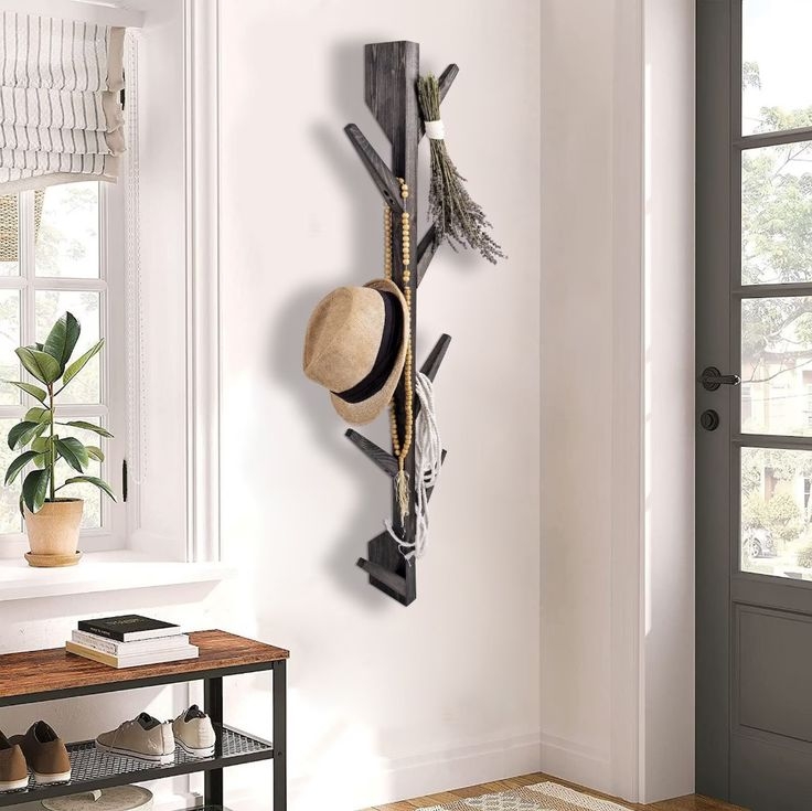 Wall Mounted Coat Rack Tree Branch Silhouette Distressed Charcoal Grey