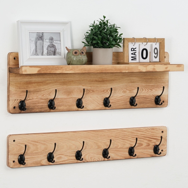 Wall Mounted Coat Rack Two Piece Design Twelve Hooks Built In Shelf
