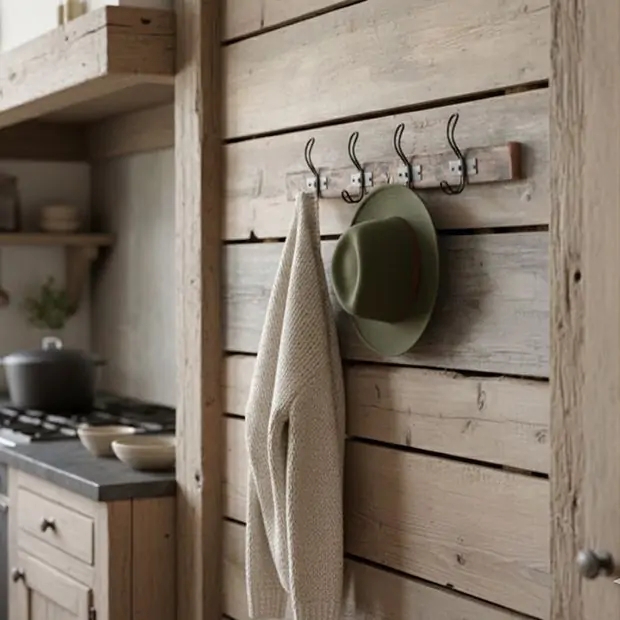 Wall Mounted Coat Rack Weathered Wood Primitive Thin Iron Hooks