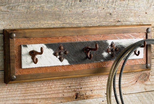 Wall Mounted Coat Rack Western Rustic Cowhide Panel Tooled Leather