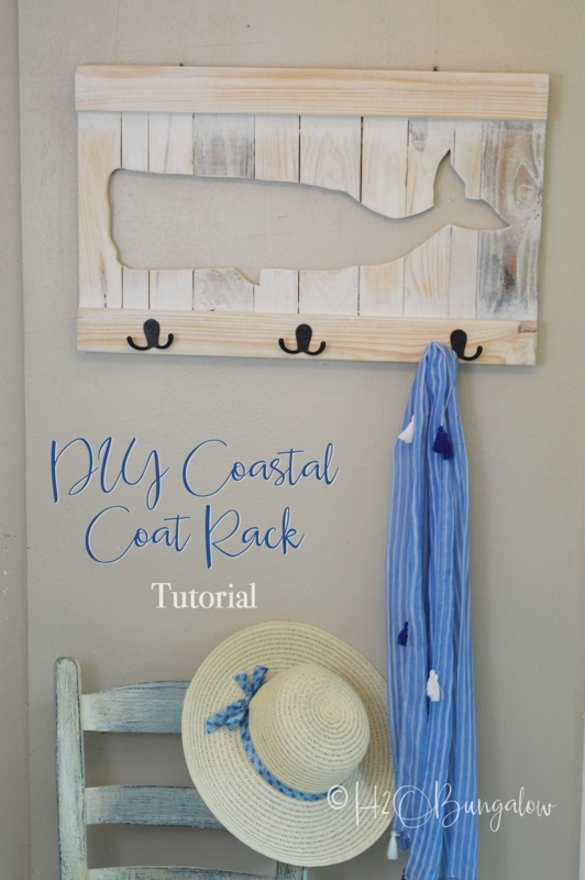 Wall Mounted Coat Rack, Whale Silhouette, Whitewashed Plank Finish.