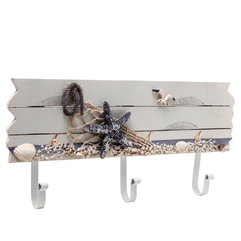 Wall Mounted Coat Rack, Whitewashed Wood, Starfish and Seashell Decor