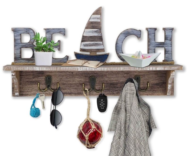 Wall Mounted Coat Rack with Beach Lettering, Weathered Finish, Nautical Sailboat Motif.