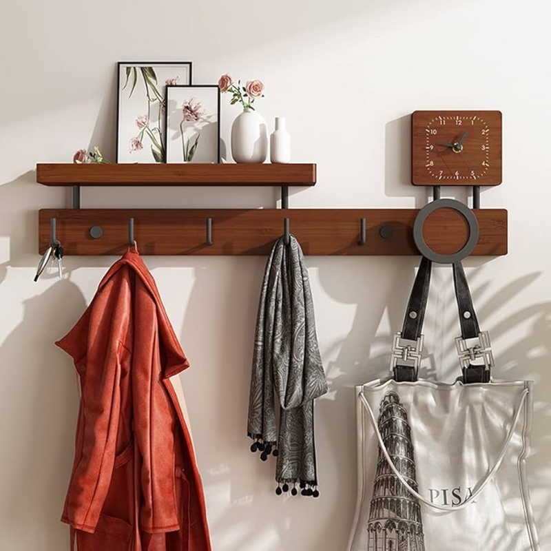 Wall Mounted Coat Rack with Integrated Clock, Bamboo Finish Shelf.