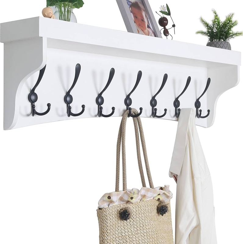 Wall Mounted Coat Rack with Integrated Shelf and Triple Hooks.