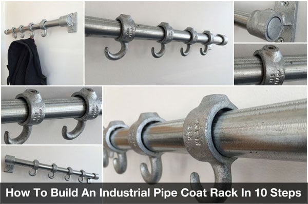 Wall Mounted Coat Rack with Pipe and Fitting Construction and Sliding Hooks