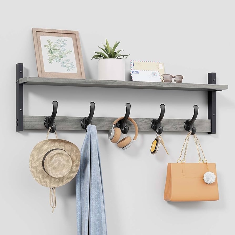 Wall Mounted Coat Rack with Shelf, Gray Wood Toned, Dark Metal Hooks.