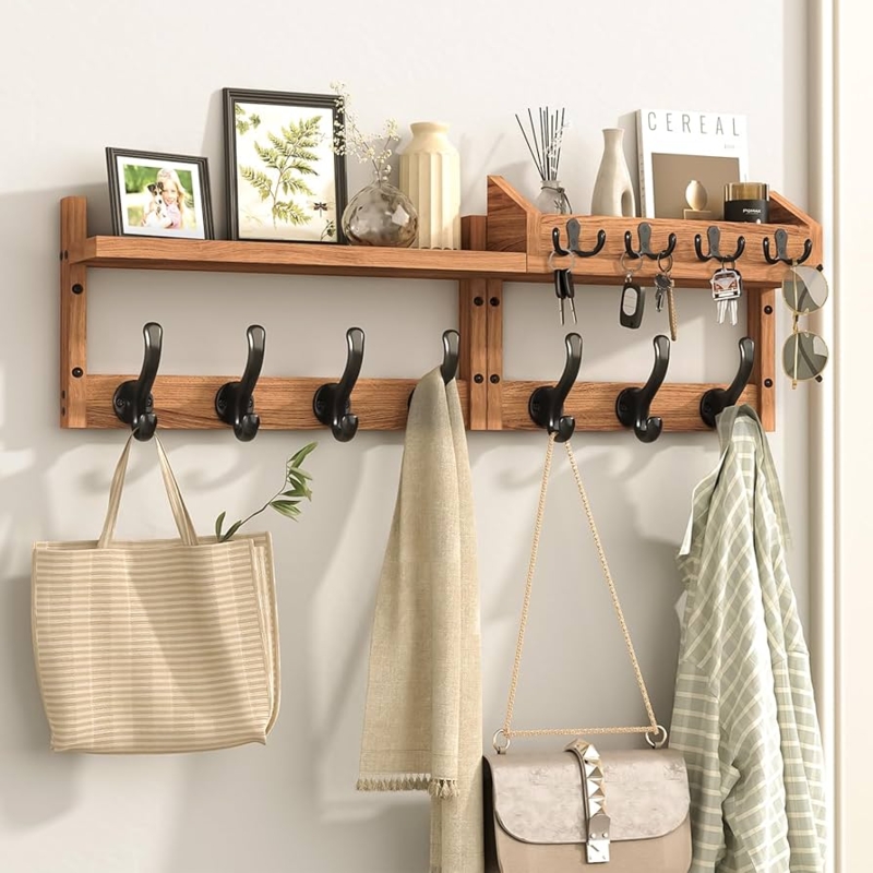 Wall Mounted Coat Rack Wood Integrated Mail Tray Key Hooks Modern Organic