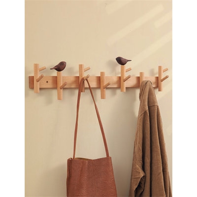 Wall Mounted Coat Rack Wood Toned Bird Accents Staggered Hooks