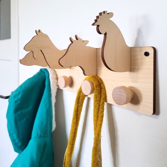 Wall Mounted Coat Rack Wooden Farm Animal Silhouettes Rounded Pegs