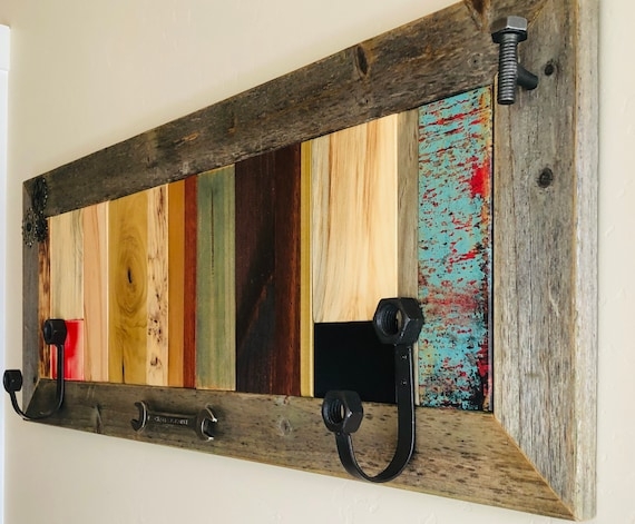 Wall Mounted Coat Rack Wrench Hooks Reclaimed Wood Mosaic Industrial