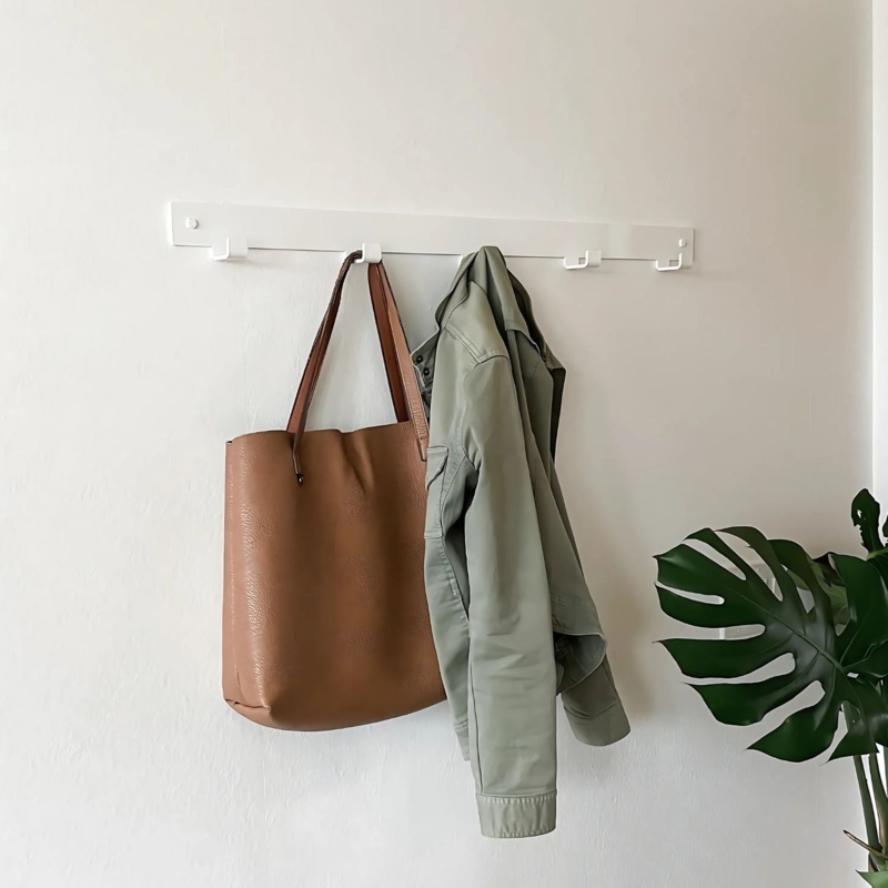 Wall Mounted Hook Rack Matte White Metal Flat Rail Minimalist