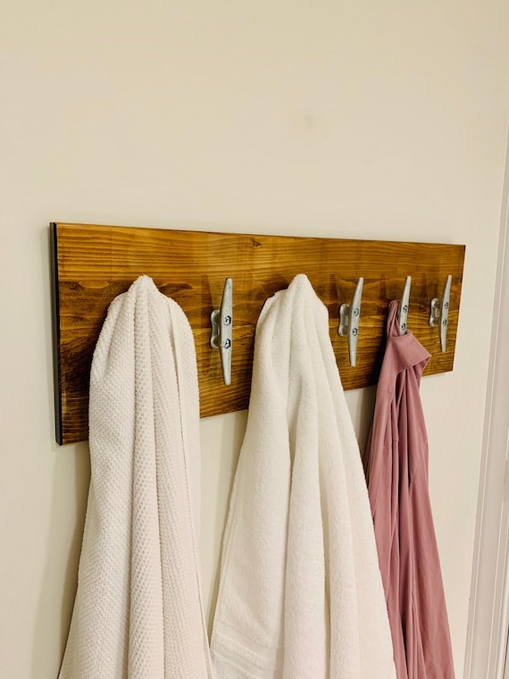 Wall Mounted Hook Rack, Stained Wood Backer with Boat Cleat Hooks