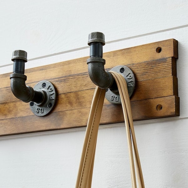 Wall Mounted Hook Rack with Rustic Wood Plank Back and Industrial Pipe Hooks