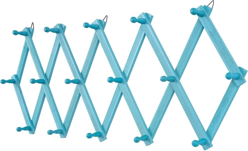 Wall Mounted Rack Accordion Design Distressed Blue Finish Pegs