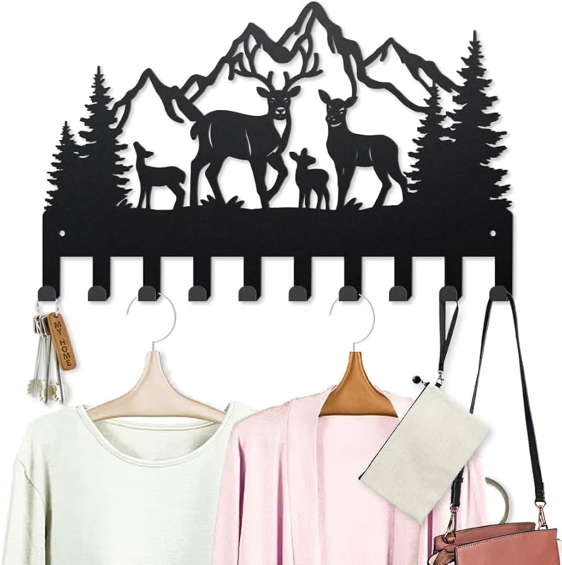 Wall Mounted Rack Black Metal Deer Family Silhouette 10 Hooks