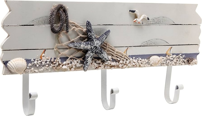 Wall Mounted Rack Coastal Starfish Motif Pebbled Border 3 Hooks