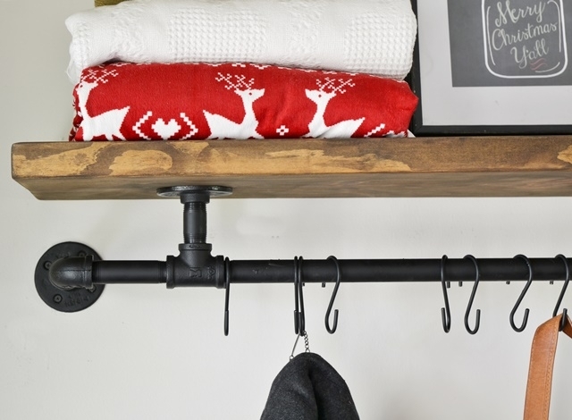Wall Mounted Rack with Industrial Farmhouse Thick Wood Shelf and Pipe S-Hooks
