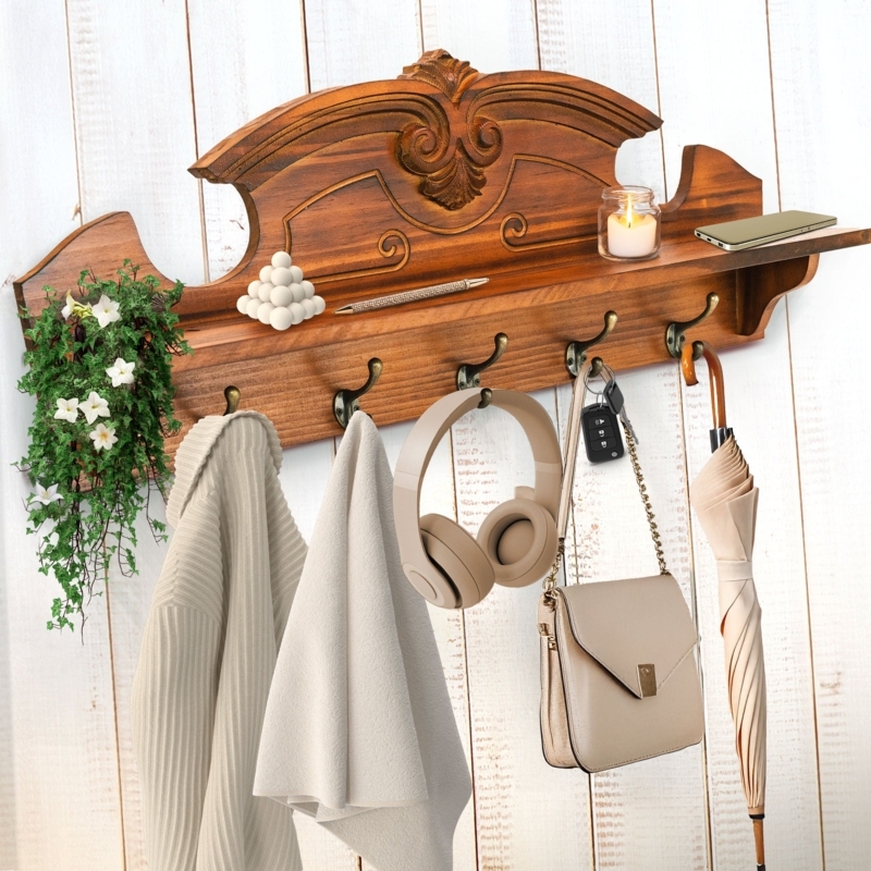 Wall Rack Ornate Scrollwork Crest Warm Chestnut Stain Traditional Farmhouse