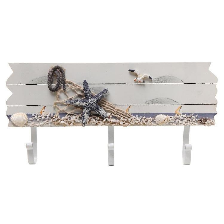 Wall Rack Whitewashed Coastal Starfish Netting Seashell Accents
